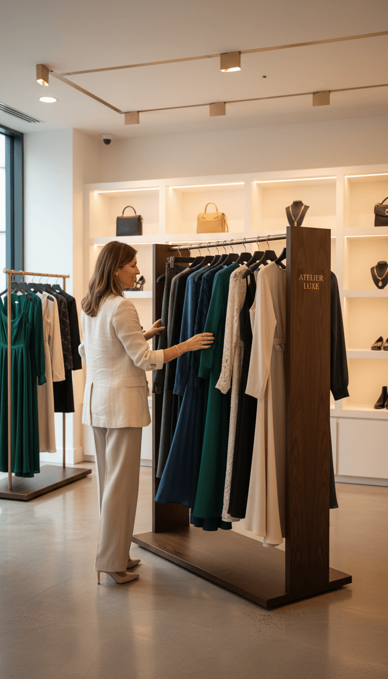 Well-dressed woman appreciating premium fabrics while browsing a luxury retail boutique with modern shelving and curated fashion items