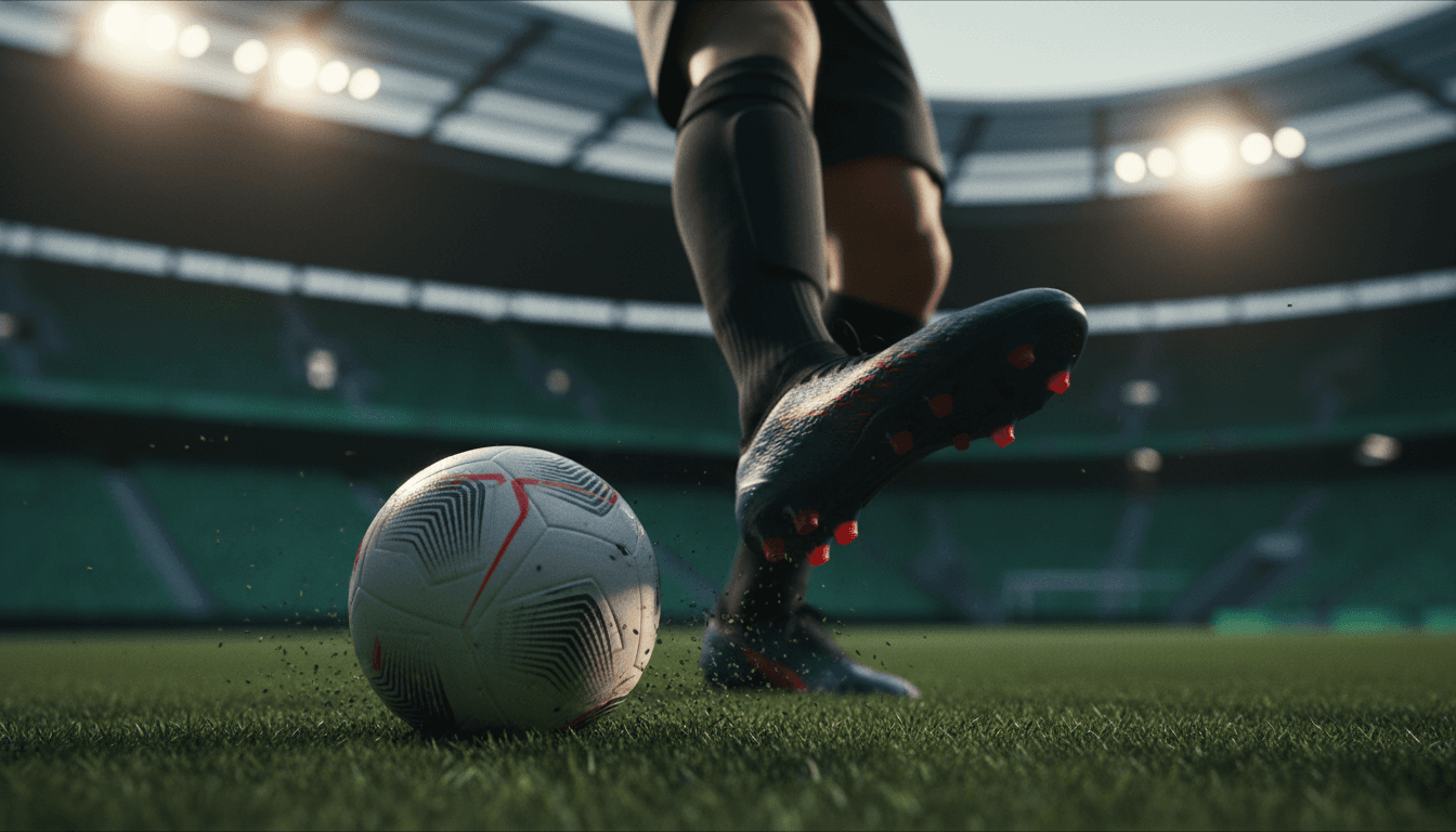 Professional footballer's boot striking the ball during a match with stadium background and grass texture visible
